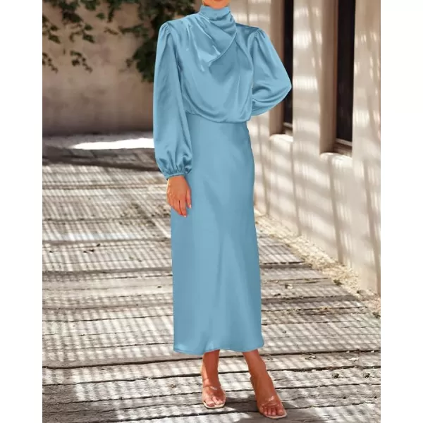 imageBTFBM Womens Mock Neck Satin Dress Elegant Long Sleeve Elastic High Waist Formal Wedding Cocktail Party Maxi DressesSolid Light Blue