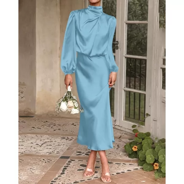 imageBTFBM Womens Mock Neck Satin Dress Elegant Long Sleeve Elastic High Waist Formal Wedding Cocktail Party Maxi DressesSolid Light Blue