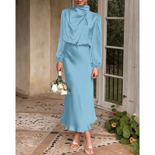 imageBTFBM Womens Mock Neck Satin Dress Elegant Long Sleeve Elastic High Waist Formal Wedding Cocktail Party Maxi DressesSolid Light Blue