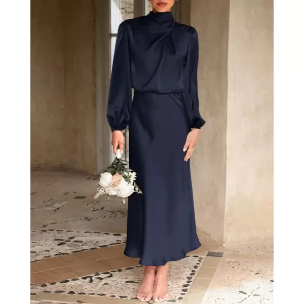 imageBTFBM Womens Mock Neck Satin Dress Elegant Long Sleeve Elastic High Waist Formal Wedding Cocktail Party Maxi DressesSolid Navy