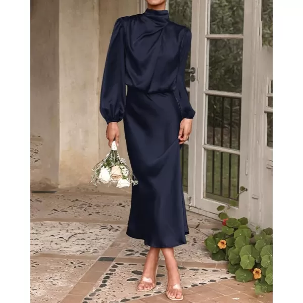 imageBTFBM Womens Mock Neck Satin Dress Elegant Long Sleeve Elastic High Waist Formal Wedding Cocktail Party Maxi DressesSolid Navy