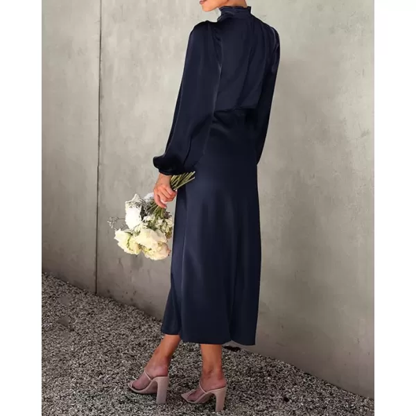 imageBTFBM Womens Mock Neck Satin Dress Elegant Long Sleeve Elastic High Waist Formal Wedding Cocktail Party Maxi DressesSolid Navy