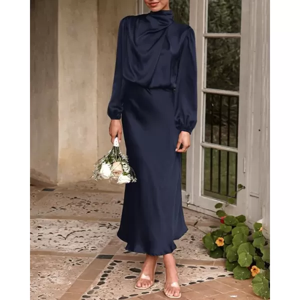 imageBTFBM Womens Mock Neck Satin Dress Elegant Long Sleeve Elastic High Waist Formal Wedding Cocktail Party Maxi DressesSolid Navy
