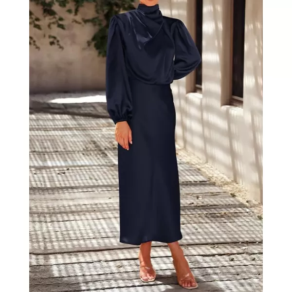 imageBTFBM Womens Mock Neck Satin Dress Elegant Long Sleeve Elastic High Waist Formal Wedding Cocktail Party Maxi DressesSolid Navy