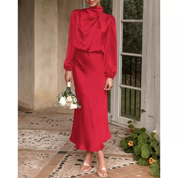 imageBTFBM Womens Mock Neck Satin Dress Elegant Long Sleeve Elastic High Waist Formal Wedding Cocktail Party Maxi DressesSolid Red