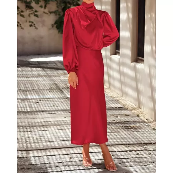 imageBTFBM Womens Mock Neck Satin Dress Elegant Long Sleeve Elastic High Waist Formal Wedding Cocktail Party Maxi DressesSolid Red