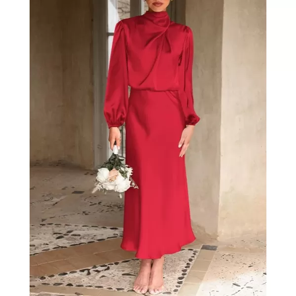 imageBTFBM Womens Mock Neck Satin Dress Elegant Long Sleeve Elastic High Waist Formal Wedding Cocktail Party Maxi DressesSolid Red