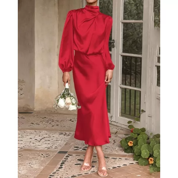 imageBTFBM Womens Mock Neck Satin Dress Elegant Long Sleeve Elastic High Waist Formal Wedding Cocktail Party Maxi DressesSolid Red