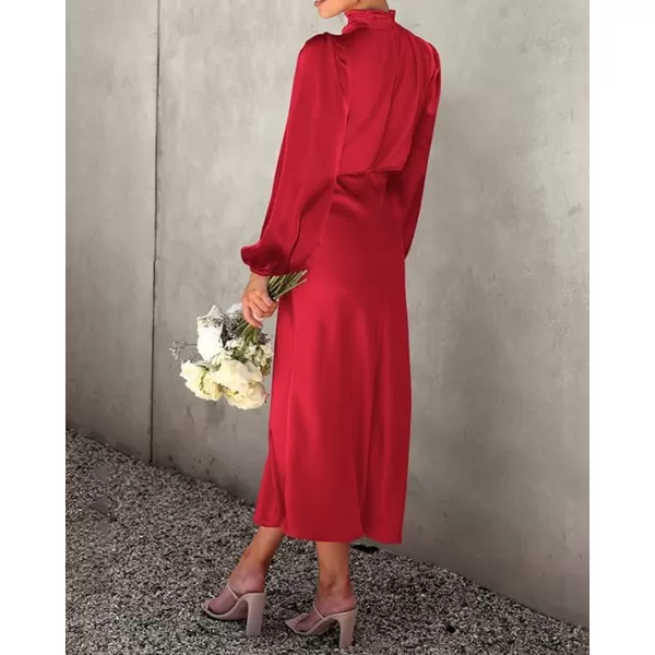 imageBTFBM Womens Mock Neck Satin Dress Elegant Long Sleeve Elastic High Waist Formal Wedding Cocktail Party Maxi DressesSolid Red