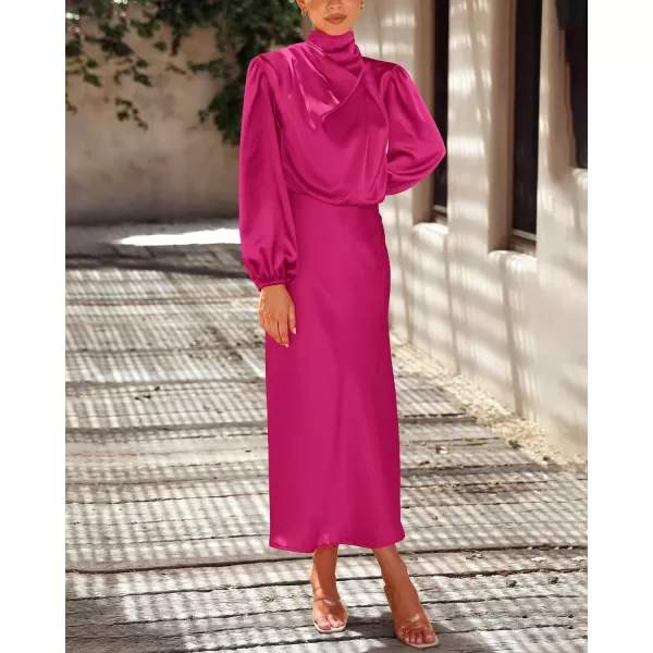 imageBTFBM Womens Mock Neck Satin Dress Elegant Long Sleeve Elastic High Waist Formal Wedding Cocktail Party Maxi DressesSolid Rose Red