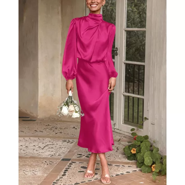 imageBTFBM Womens Mock Neck Satin Dress Elegant Long Sleeve Elastic High Waist Formal Wedding Cocktail Party Maxi DressesSolid Rose Red