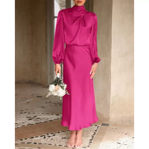 imageBTFBM Womens Mock Neck Satin Dress Elegant Long Sleeve Elastic High Waist Formal Wedding Cocktail Party Maxi DressesSolid Rose Red