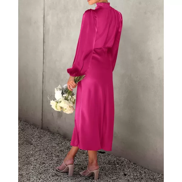 imageBTFBM Womens Mock Neck Satin Dress Elegant Long Sleeve Elastic High Waist Formal Wedding Cocktail Party Maxi DressesSolid Rose Red