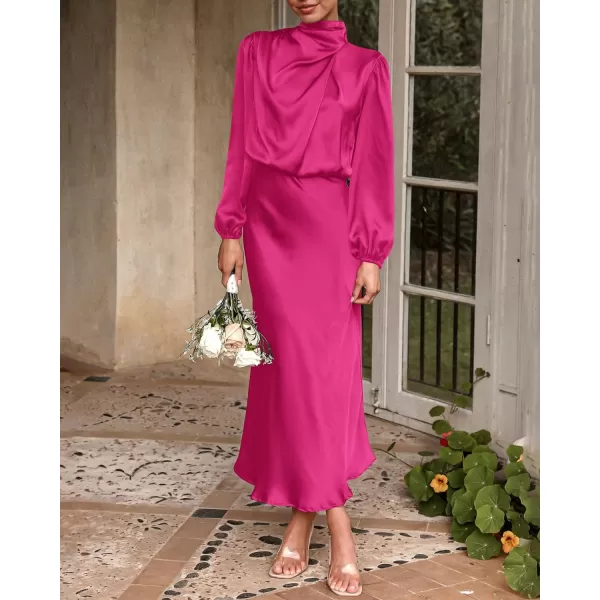 imageBTFBM Womens Mock Neck Satin Dress Elegant Long Sleeve Elastic High Waist Formal Wedding Cocktail Party Maxi DressesSolid Rose Red