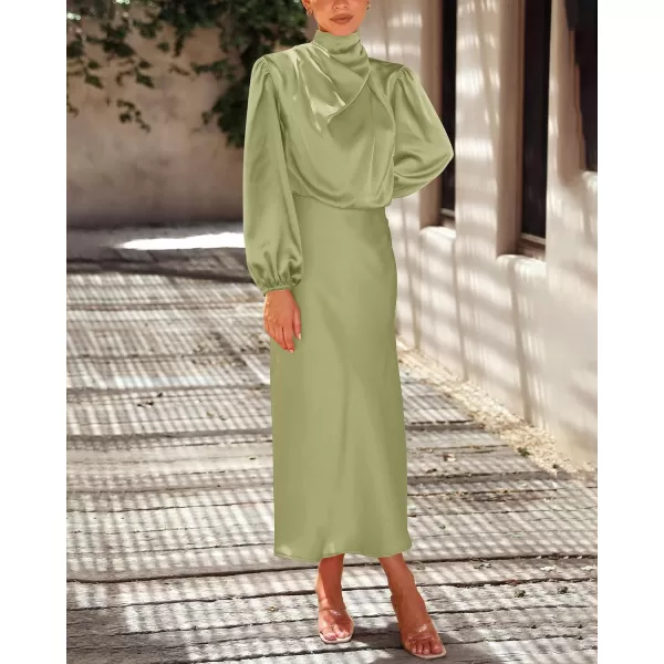 imageBTFBM Womens Mock Neck Satin Dress Elegant Long Sleeve Elastic High Waist Formal Wedding Cocktail Party Maxi DressesSolid Tender Green