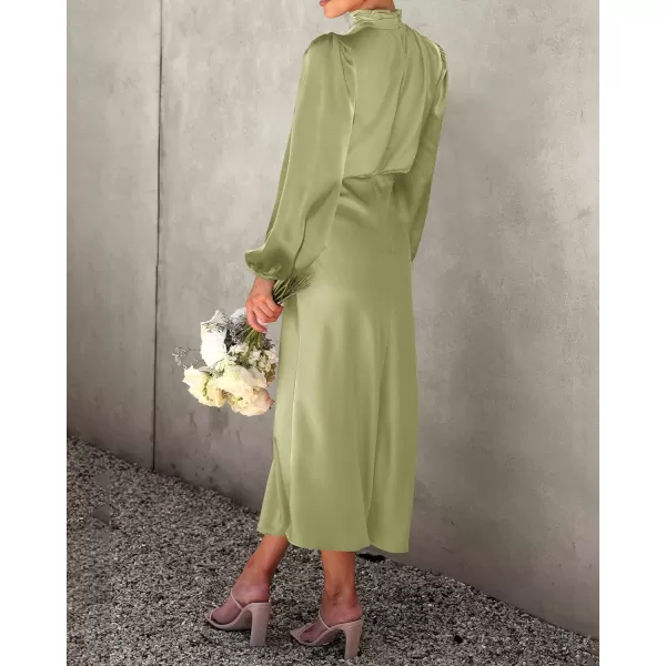 imageBTFBM Womens Mock Neck Satin Dress Elegant Long Sleeve Elastic High Waist Formal Wedding Cocktail Party Maxi DressesSolid Tender Green