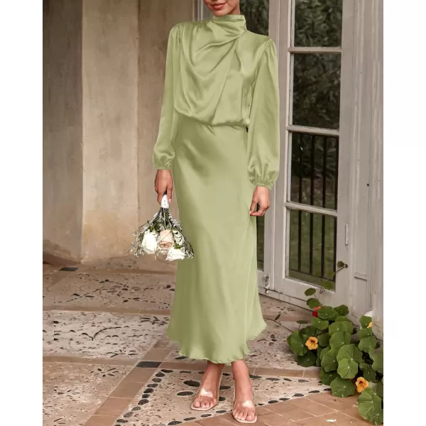 imageBTFBM Womens Mock Neck Satin Dress Elegant Long Sleeve Elastic High Waist Formal Wedding Cocktail Party Maxi DressesSolid Tender Green