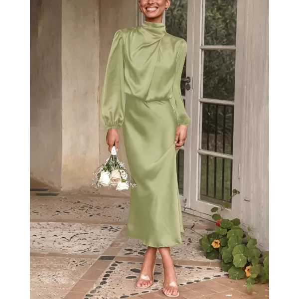 imageBTFBM Womens Mock Neck Satin Dress Elegant Long Sleeve Elastic High Waist Formal Wedding Cocktail Party Maxi DressesSolid Tender Green
