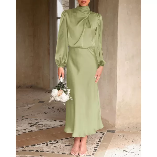imageBTFBM Womens Mock Neck Satin Dress Elegant Long Sleeve Elastic High Waist Formal Wedding Cocktail Party Maxi DressesSolid Tender Green
