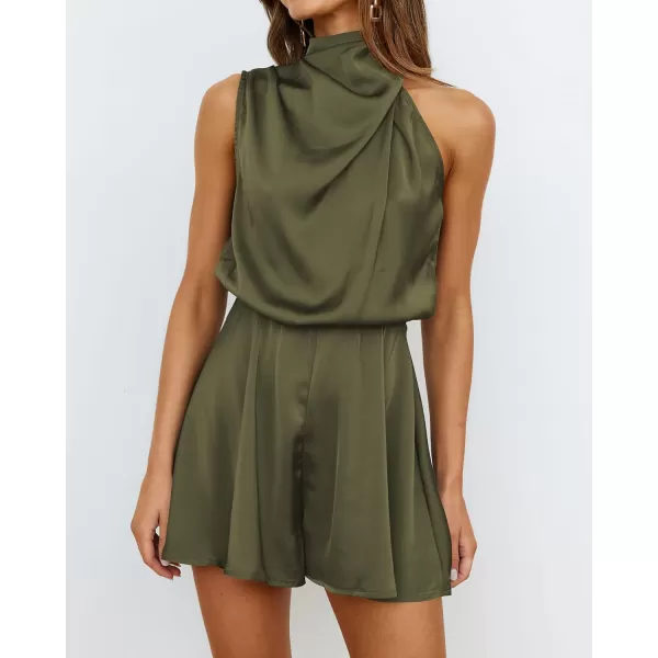 imageBTFBM Womens Mock Neck Summer Romper Satin Sleeveless Elastic Waist Casual Beach Party One Piece Short Jumpsuit RompersSolid Army Green