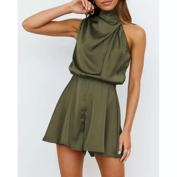 imageBTFBM Womens Mock Neck Summer Romper Satin Sleeveless Elastic Waist Casual Beach Party One Piece Short Jumpsuit RompersSolid Army Green