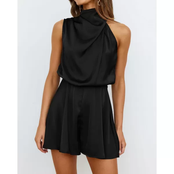 imageBTFBM Womens Mock Neck Summer Romper Satin Sleeveless Elastic Waist Casual Beach Party One Piece Short Jumpsuit RompersSolid Black