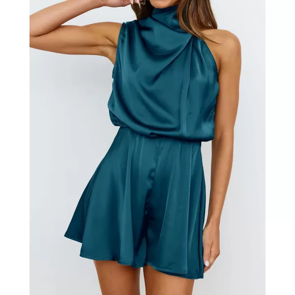 imageBTFBM Womens Mock Neck Summer Romper Satin Sleeveless Elastic Waist Casual Beach Party One Piece Short Jumpsuit RompersSolid Blue Green