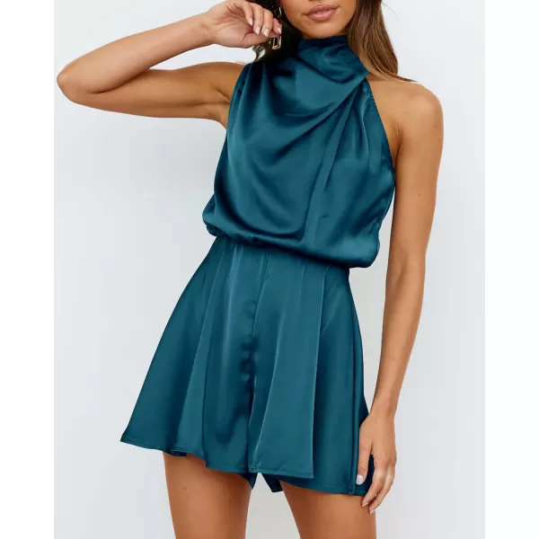 imageBTFBM Womens Mock Neck Summer Romper Satin Sleeveless Elastic Waist Casual Beach Party One Piece Short Jumpsuit RompersSolid Blue Green