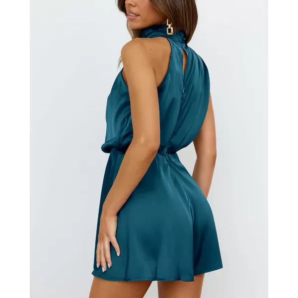 imageBTFBM Womens Mock Neck Summer Romper Satin Sleeveless Elastic Waist Casual Beach Party One Piece Short Jumpsuit RompersSolid Blue Green