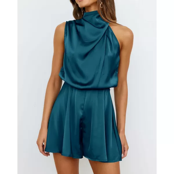 imageBTFBM Womens Mock Neck Summer Romper Satin Sleeveless Elastic Waist Casual Beach Party One Piece Short Jumpsuit RompersSolid Blue Green