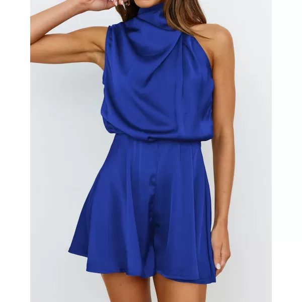 imageBTFBM Womens Mock Neck Summer Romper Satin Sleeveless Elastic Waist Casual Beach Party One Piece Short Jumpsuit RompersSolid Brilliant Blue