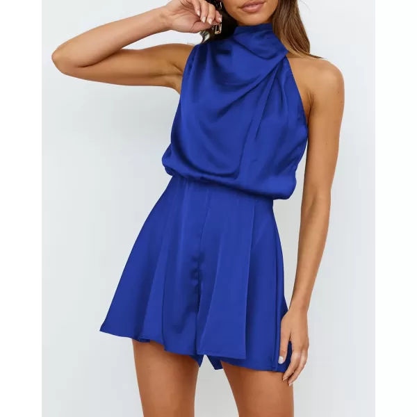 imageBTFBM Womens Mock Neck Summer Romper Satin Sleeveless Elastic Waist Casual Beach Party One Piece Short Jumpsuit RompersSolid Brilliant Blue