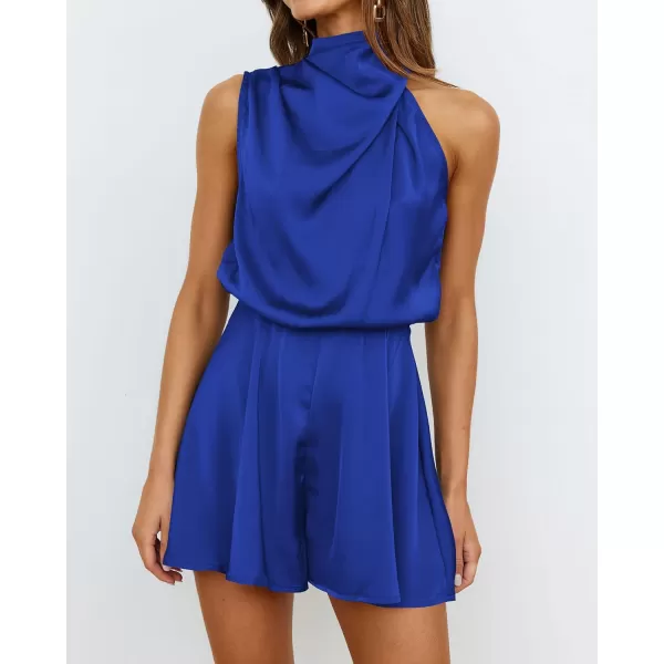 imageBTFBM Womens Mock Neck Summer Romper Satin Sleeveless Elastic Waist Casual Beach Party One Piece Short Jumpsuit RompersSolid Brilliant Blue