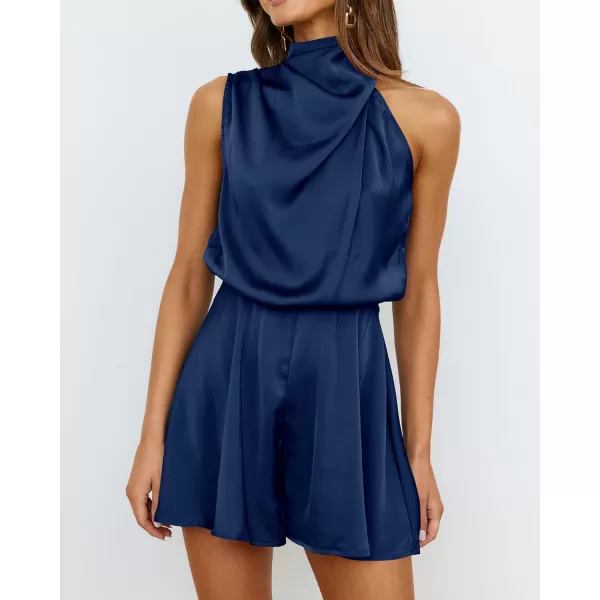 imageBTFBM Womens Mock Neck Summer Romper Satin Sleeveless Elastic Waist Casual Beach Party One Piece Short Jumpsuit RompersSolid Dark Blue