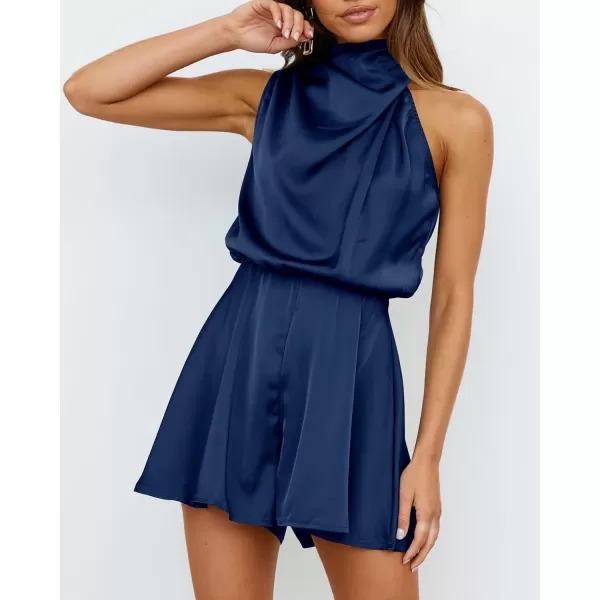 imageBTFBM Womens Mock Neck Summer Romper Satin Sleeveless Elastic Waist Casual Beach Party One Piece Short Jumpsuit RompersSolid Dark Blue