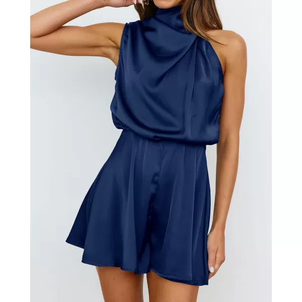 imageBTFBM Womens Mock Neck Summer Romper Satin Sleeveless Elastic Waist Casual Beach Party One Piece Short Jumpsuit RompersSolid Dark Blue
