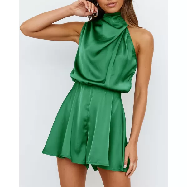 imageBTFBM Womens Mock Neck Summer Romper Satin Sleeveless Elastic Waist Casual Beach Party One Piece Short Jumpsuit RompersSolid Green