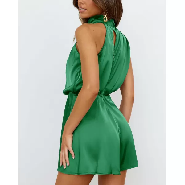 imageBTFBM Womens Mock Neck Summer Romper Satin Sleeveless Elastic Waist Casual Beach Party One Piece Short Jumpsuit RompersSolid Green