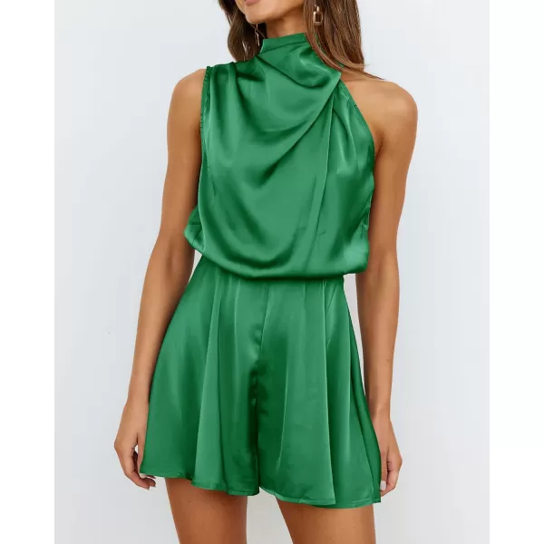imageBTFBM Womens Mock Neck Summer Romper Satin Sleeveless Elastic Waist Casual Beach Party One Piece Short Jumpsuit RompersSolid Green