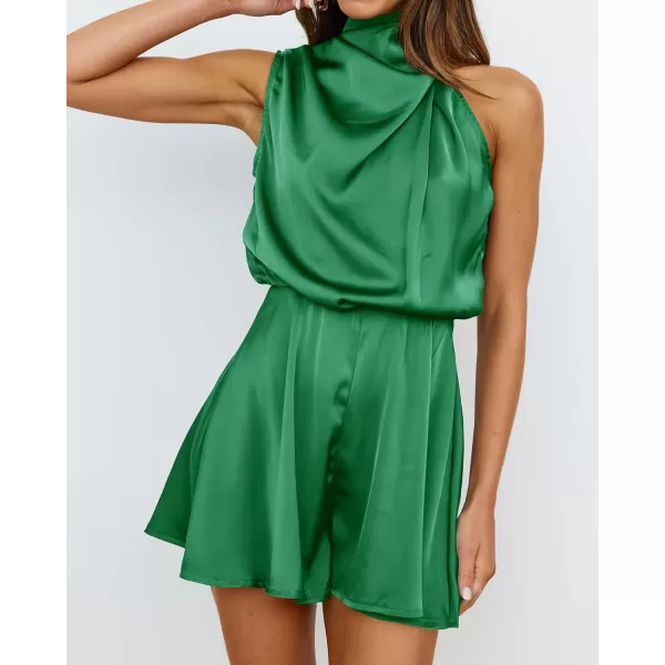imageBTFBM Womens Mock Neck Summer Romper Satin Sleeveless Elastic Waist Casual Beach Party One Piece Short Jumpsuit RompersSolid Green