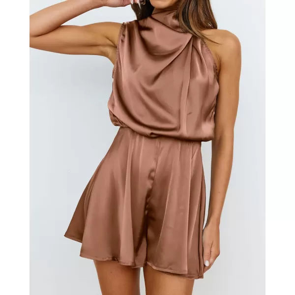 imageBTFBM Womens Mock Neck Summer Romper Satin Sleeveless Elastic Waist Casual Beach Party One Piece Short Jumpsuit RompersSolid Khaki