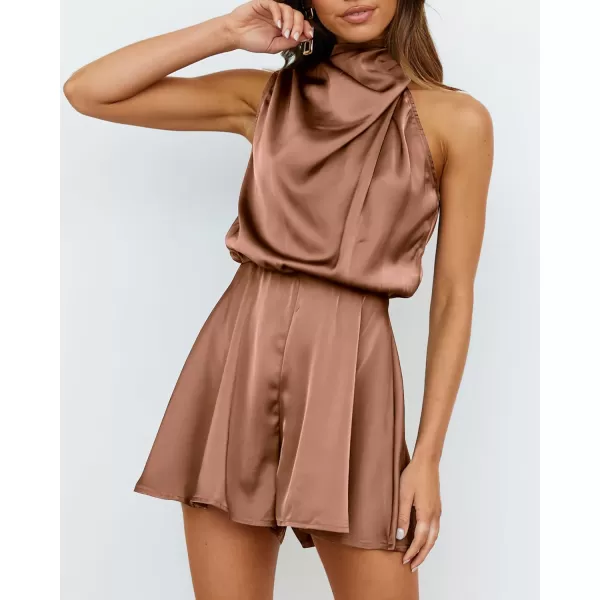 imageBTFBM Womens Mock Neck Summer Romper Satin Sleeveless Elastic Waist Casual Beach Party One Piece Short Jumpsuit RompersSolid Khaki