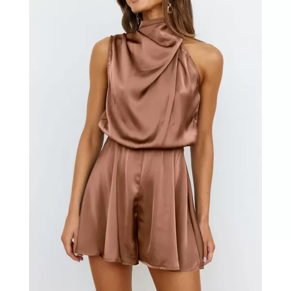 imageBTFBM Womens Mock Neck Summer Romper Satin Sleeveless Elastic Waist Casual Beach Party One Piece Short Jumpsuit RompersSolid Khaki