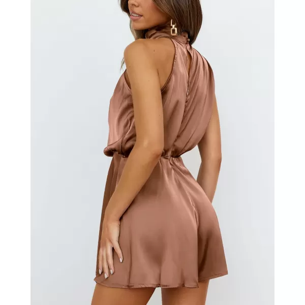 imageBTFBM Womens Mock Neck Summer Romper Satin Sleeveless Elastic Waist Casual Beach Party One Piece Short Jumpsuit RompersSolid Khaki