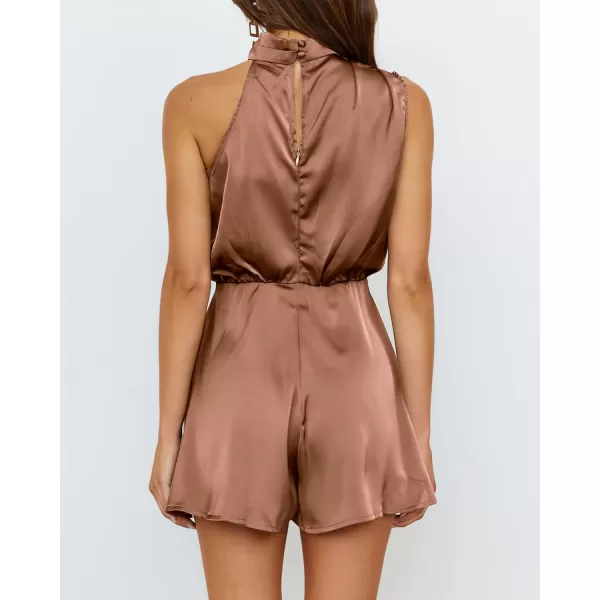 imageBTFBM Womens Mock Neck Summer Romper Satin Sleeveless Elastic Waist Casual Beach Party One Piece Short Jumpsuit RompersSolid Khaki