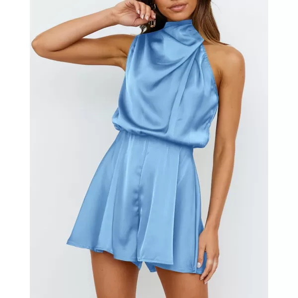 imageBTFBM Womens Mock Neck Summer Romper Satin Sleeveless Elastic Waist Casual Beach Party One Piece Short Jumpsuit RompersSolid Light Blue