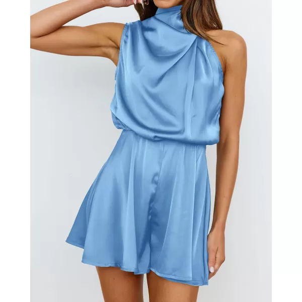 imageBTFBM Womens Mock Neck Summer Romper Satin Sleeveless Elastic Waist Casual Beach Party One Piece Short Jumpsuit RompersSolid Light Blue