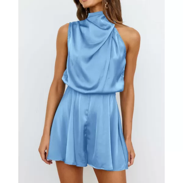 imageBTFBM Womens Mock Neck Summer Romper Satin Sleeveless Elastic Waist Casual Beach Party One Piece Short Jumpsuit RompersSolid Light Blue