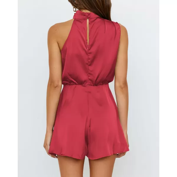 imageBTFBM Womens Mock Neck Summer Romper Satin Sleeveless Elastic Waist Casual Beach Party One Piece Short Jumpsuit RompersSolid Red