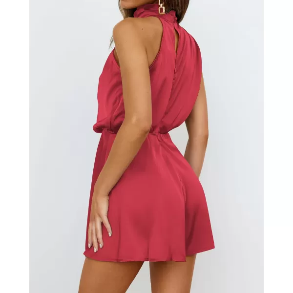 imageBTFBM Womens Mock Neck Summer Romper Satin Sleeveless Elastic Waist Casual Beach Party One Piece Short Jumpsuit RompersSolid Red